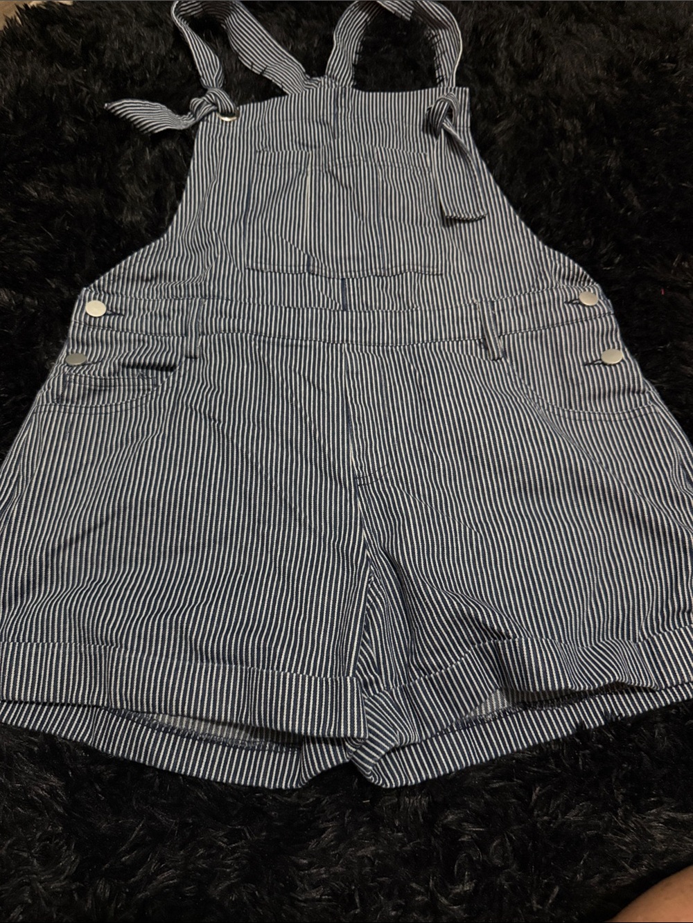 BiBi Blue and White Pinstripe Overall Shorts with Pockets